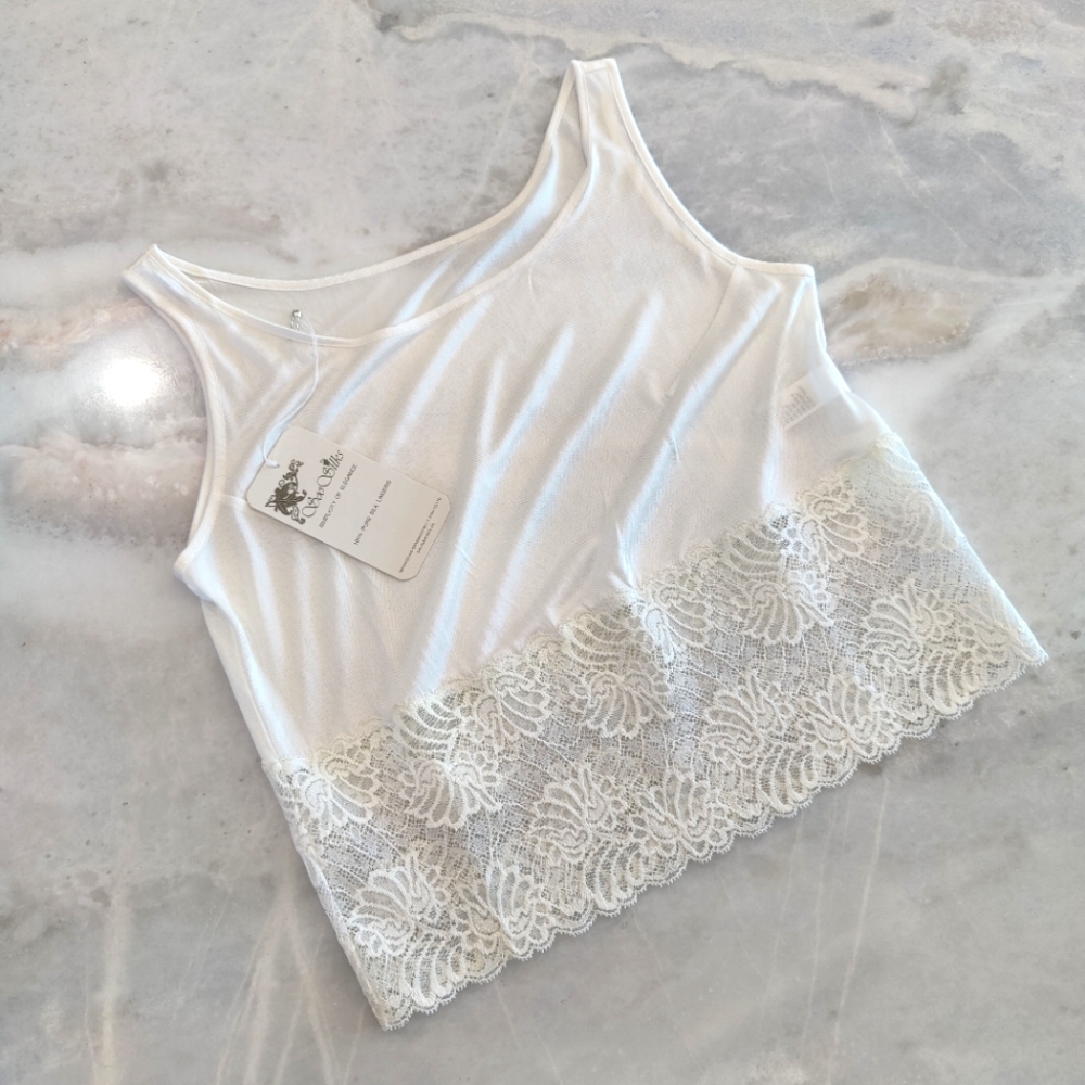 NWT Knit Silk Cropped Tank Top with Lace Panel- Ivory